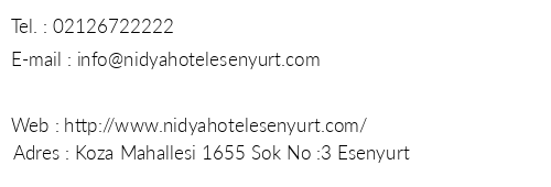 Nidya Hotel Esenyurt telefon numaralar, faks, e-mail, posta adresi ve iletiim bilgileri